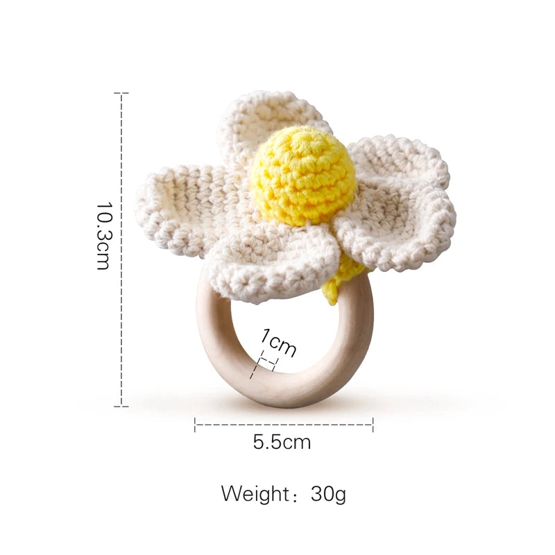 Baby Beißring & Rassel aus Holz – Häkeltiermotiv, BPA-frei
