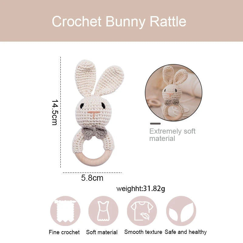 Baby Beißring & Rassel aus Holz – Häkeltiermotiv, BPA-frei