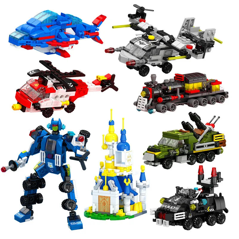 6-in-1 Bausteinset – Zug, Roboter, Hubschrauber & mehr – Lego-kompatibel