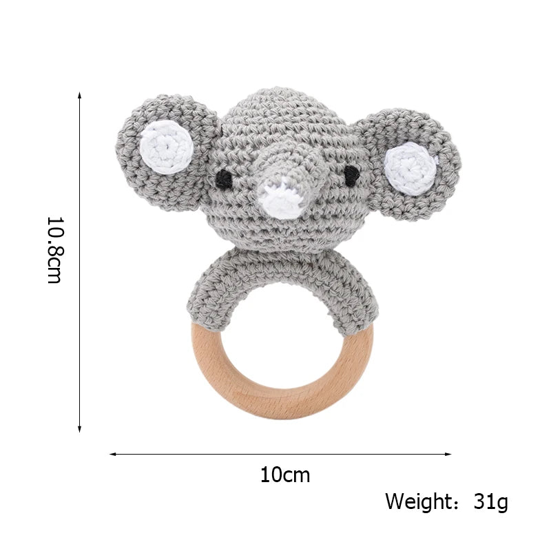 Baby Beißring & Rassel aus Holz – Häkeltiermotiv, BPA-frei