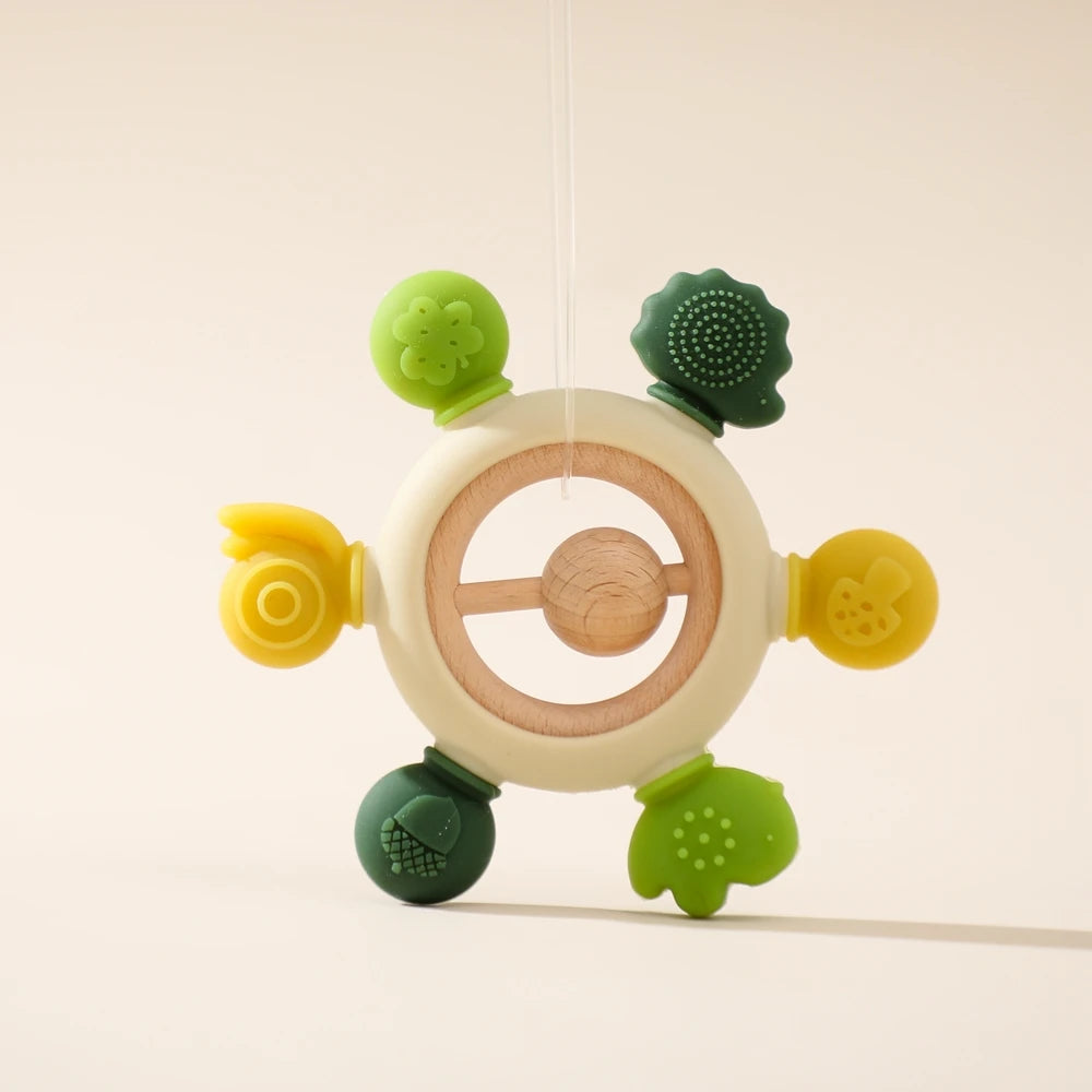 Baby Beißring & Rassel aus Holz – Häkeltiermotiv, BPA-frei