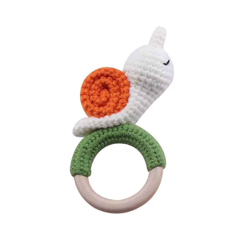 Baby Beißring & Rassel aus Holz – Häkeltiermotiv, BPA-frei