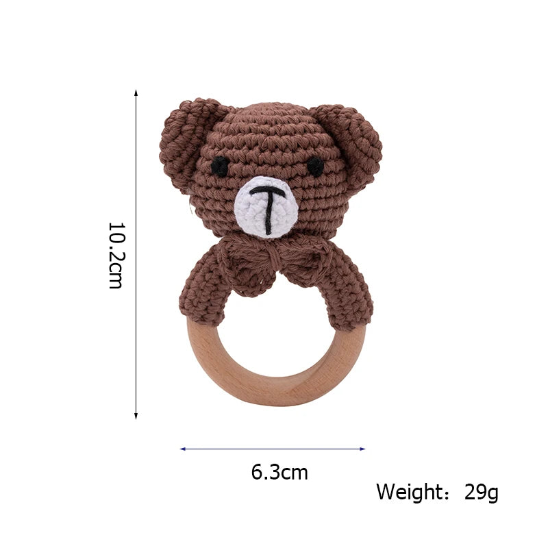 Baby Beißring & Rassel aus Holz – Häkeltiermotiv, BPA-frei