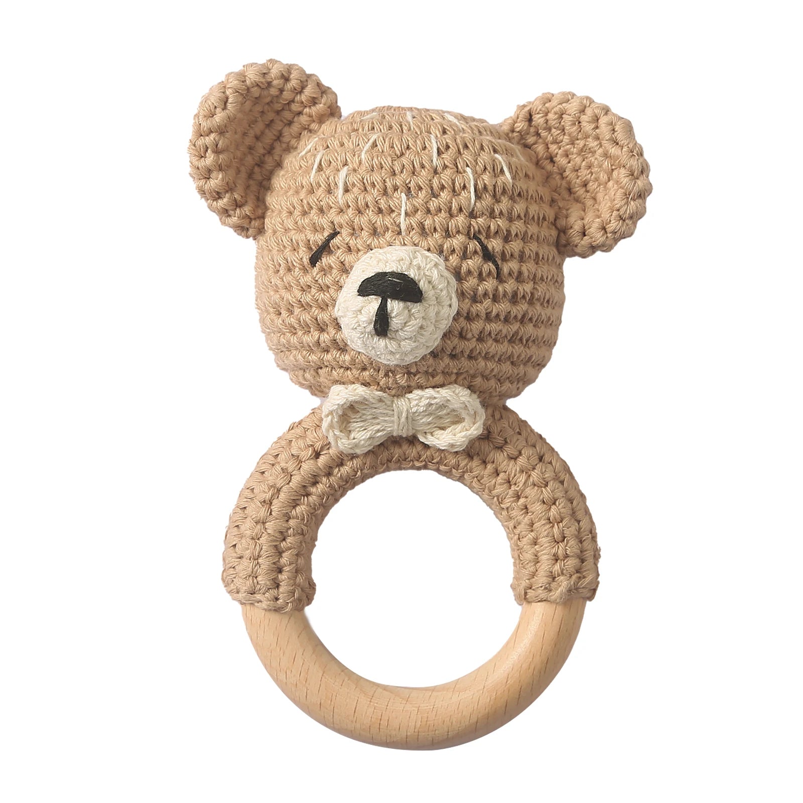 Baby Beißring & Rassel aus Holz – Häkeltiermotiv, BPA-frei
