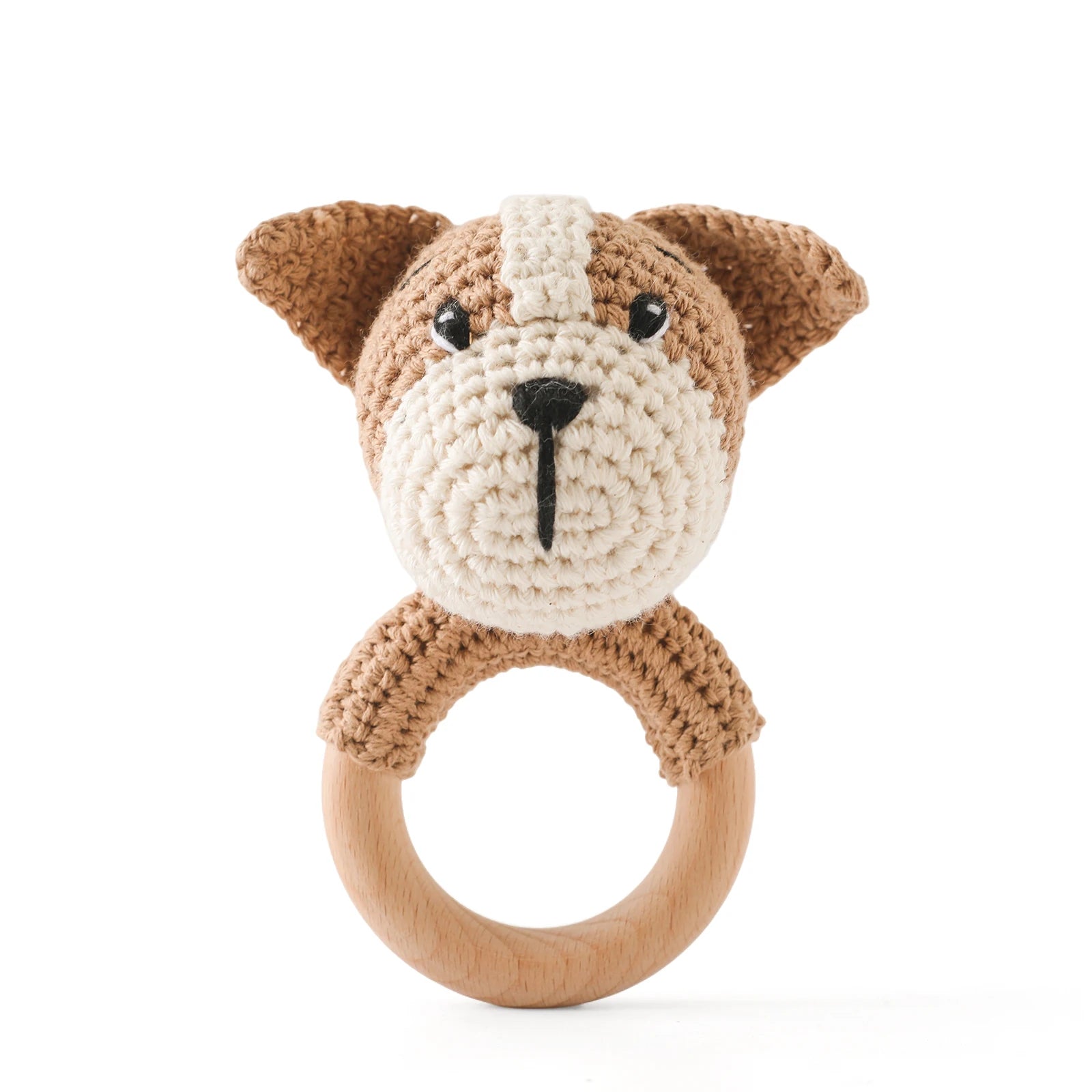 Baby Beißring & Rassel aus Holz – Häkeltiermotiv, BPA-frei