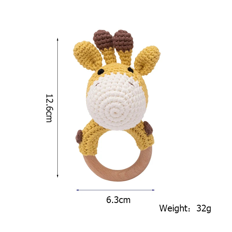 Baby Beißring & Rassel aus Holz – Häkeltiermotiv, BPA-frei