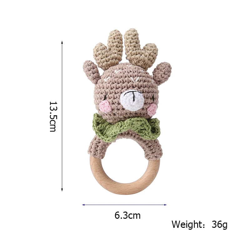 Baby Beißring & Rassel aus Holz – Häkeltiermotiv, BPA-frei