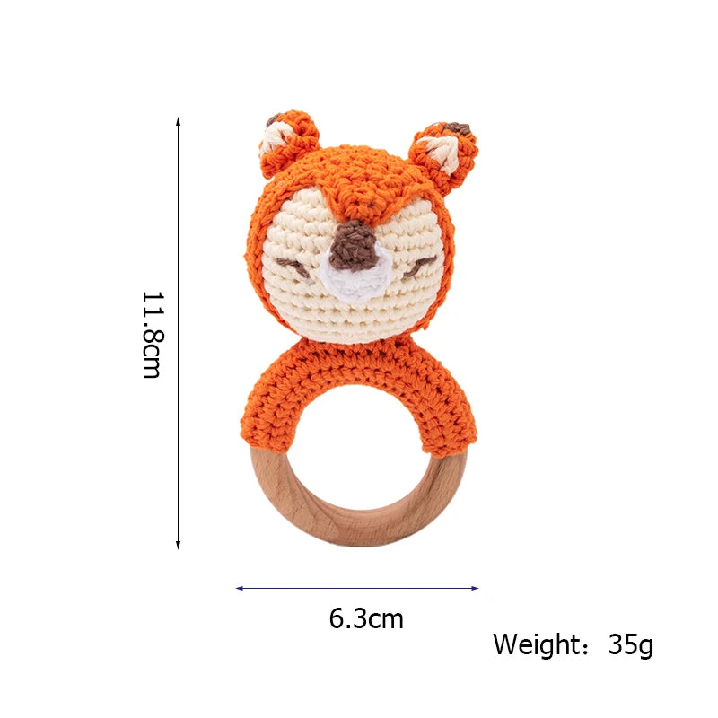 Baby Beißring & Rassel aus Holz – Häkeltiermotiv, BPA-frei