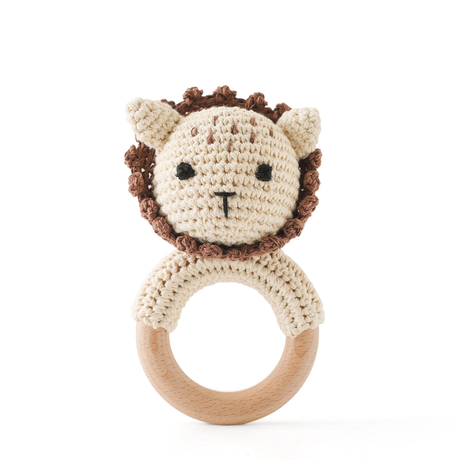 Baby Beißring & Rassel aus Holz – Häkeltiermotiv, BPA-frei