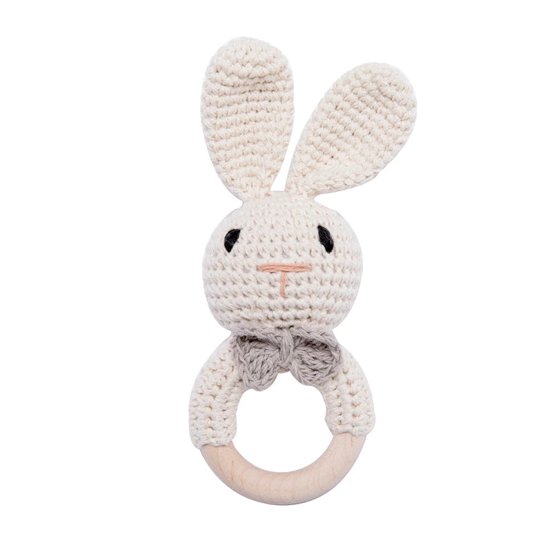Baby Beißring & Rassel aus Holz – Häkeltiermotiv, BPA-frei